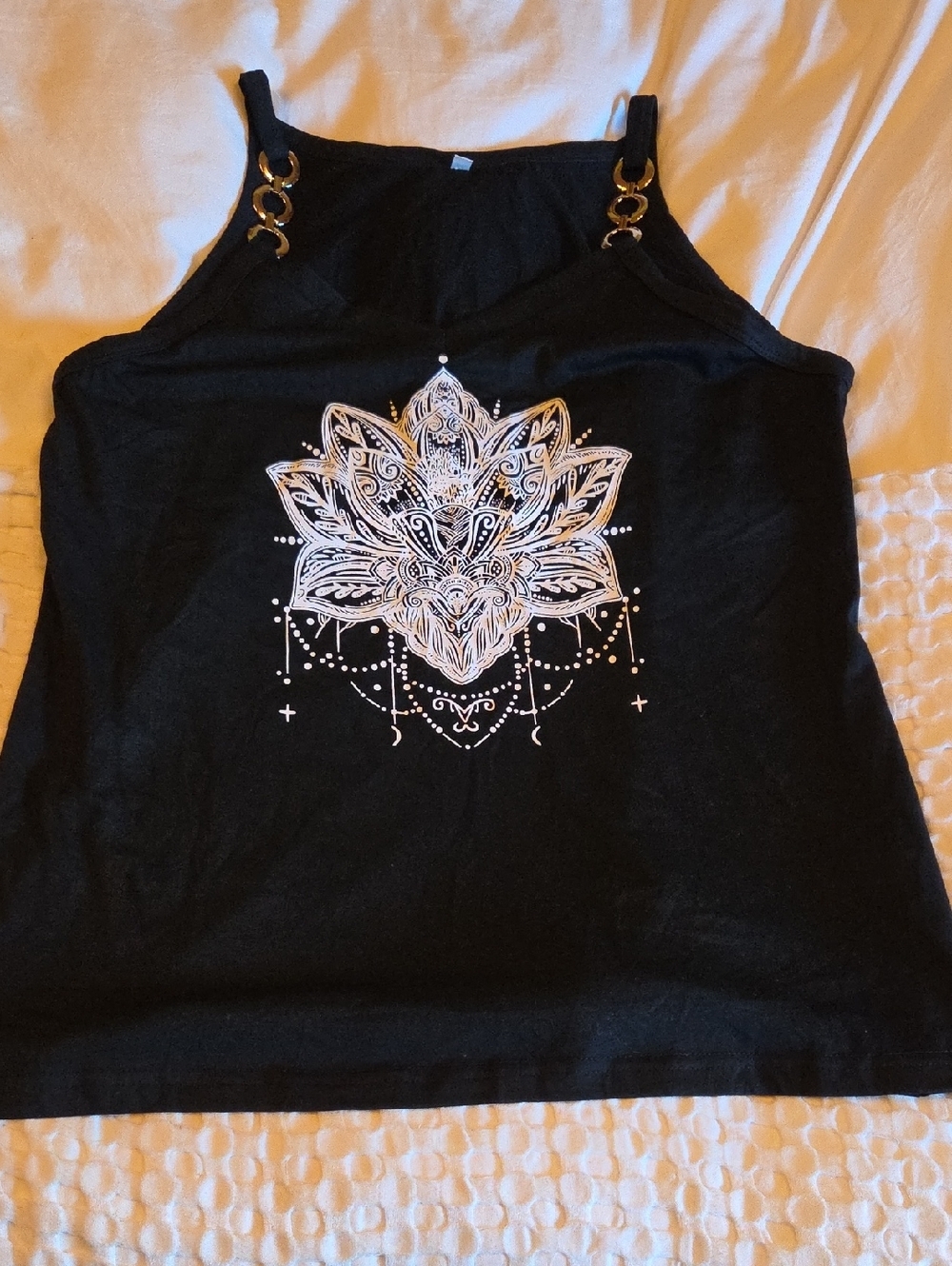 Black Floral Mandala Tank Top with Gold Ring Straps